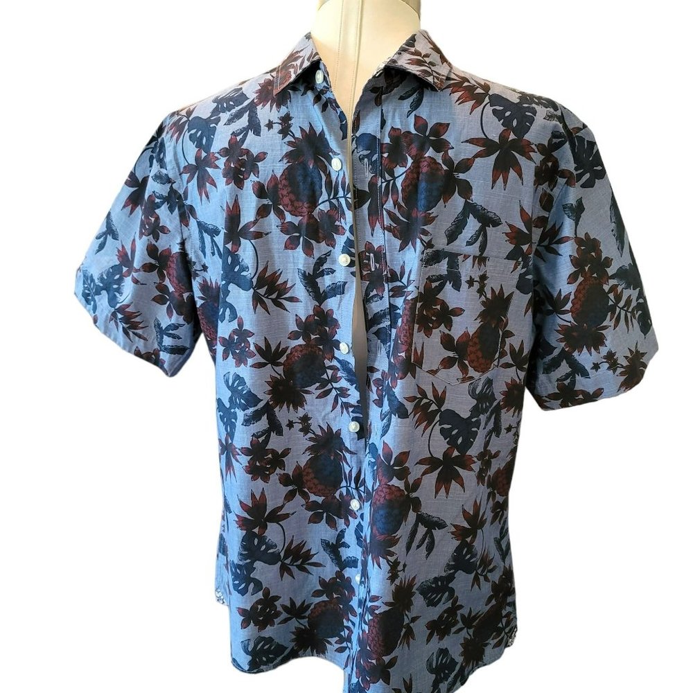Mens Blue Hawaiian Shirt Van Heusen Short Sleeve Large 16/16.5  JJ3005